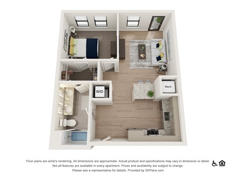 Floor plan for 1 bed, 1 bath, 712 sqft